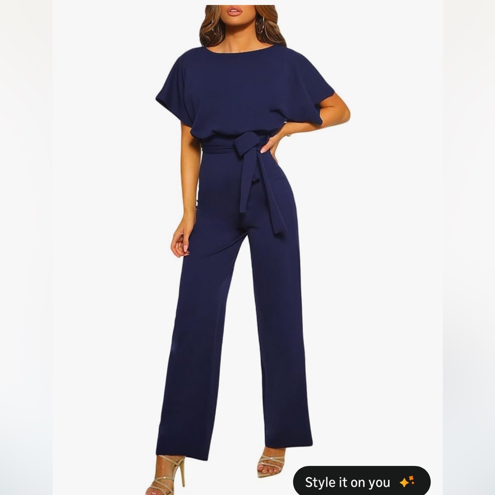 Women’s loose short sleeve wide leg belted Navy Jumpsuit casual nwot